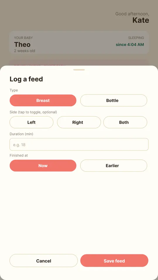 Logging a feed in Momma Gets It